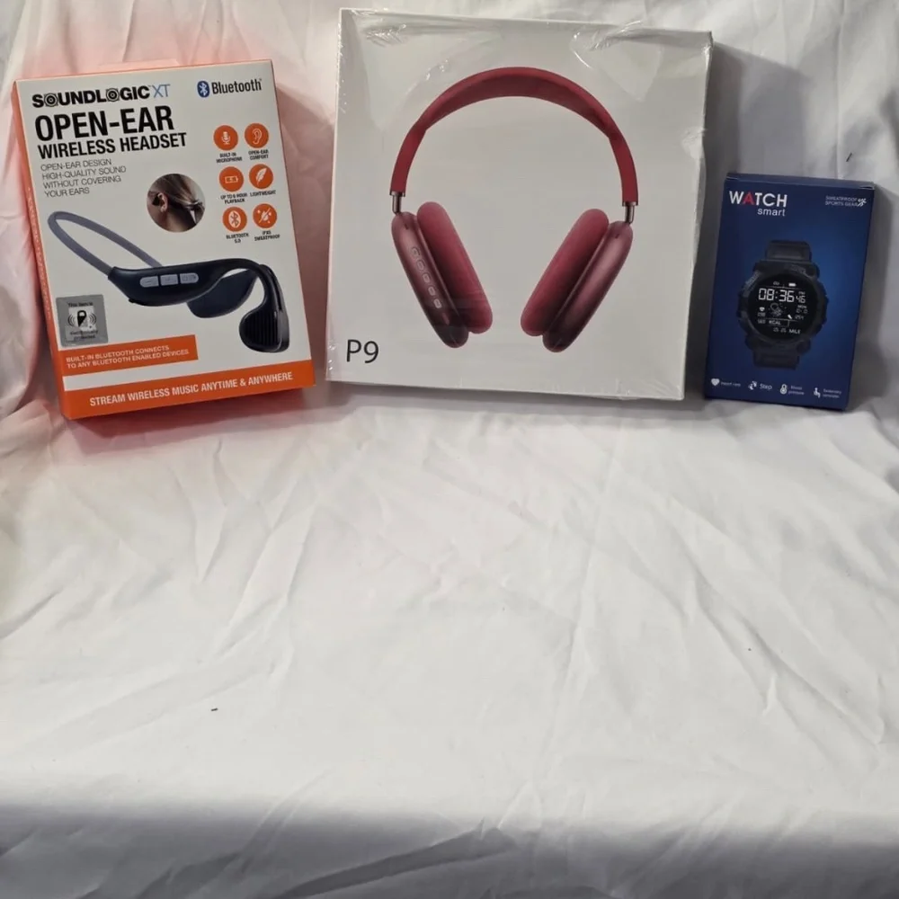 BUNDLE (Red P9 Wireless Headphones + SoundLogic OpenEar + Pink Smart Watch)